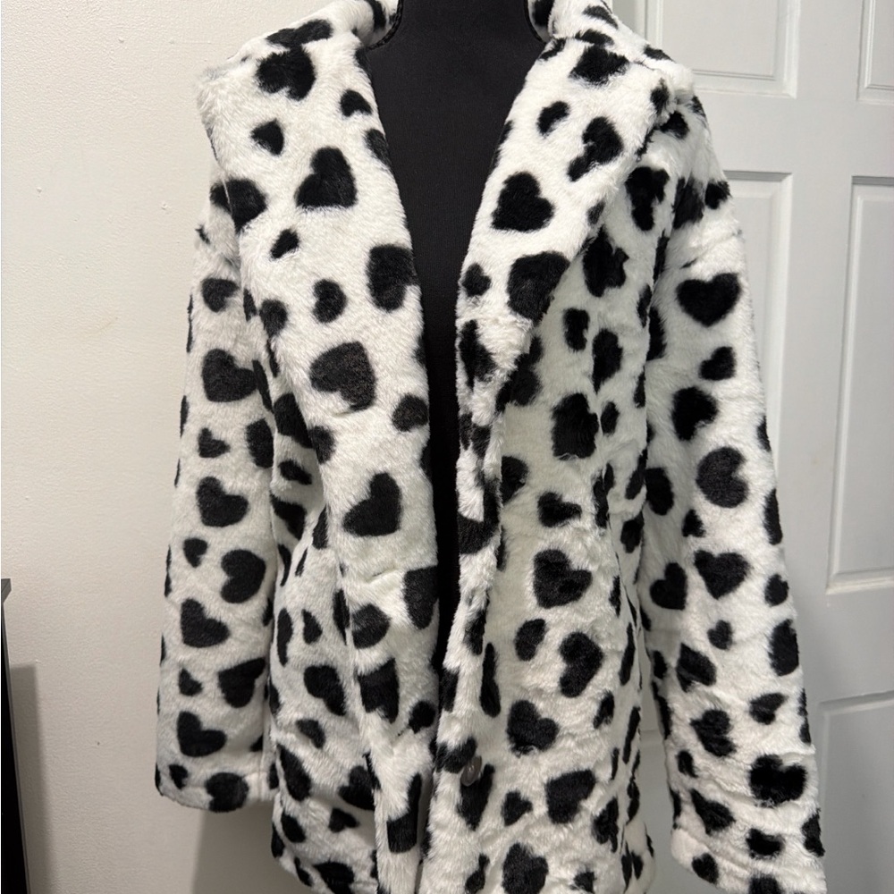 Faux Fur Heart Print Coat - Black & White